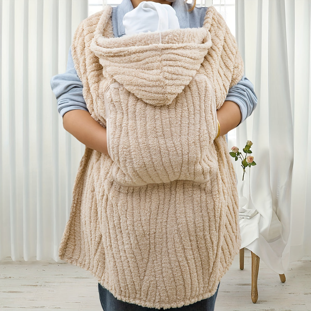 BabySnug Decke – Multifunktionale Kapuzen-Decke mit Khaki Streifen für Babys