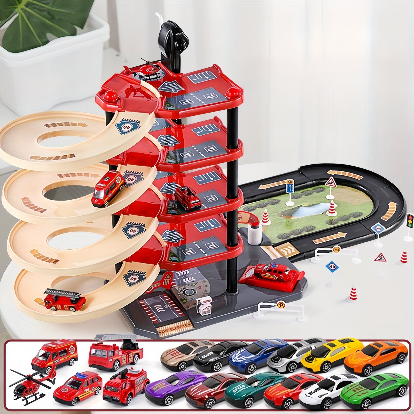 FeuerWacht Garage Spielset – Mehrere Etagen mit Feuerwehrwagen und Verkehrsschildern