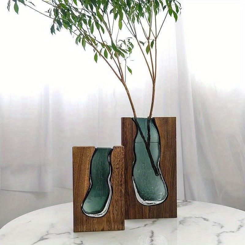 Elegante Glasvase mit Holzfuß – Stilvolle Dekoration für jeden Raum