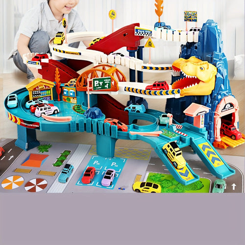 JurassicRacer Abenteuer Set - Spannende Rennbahn mit Dinosauriern und Fahrzeugen für Kinder