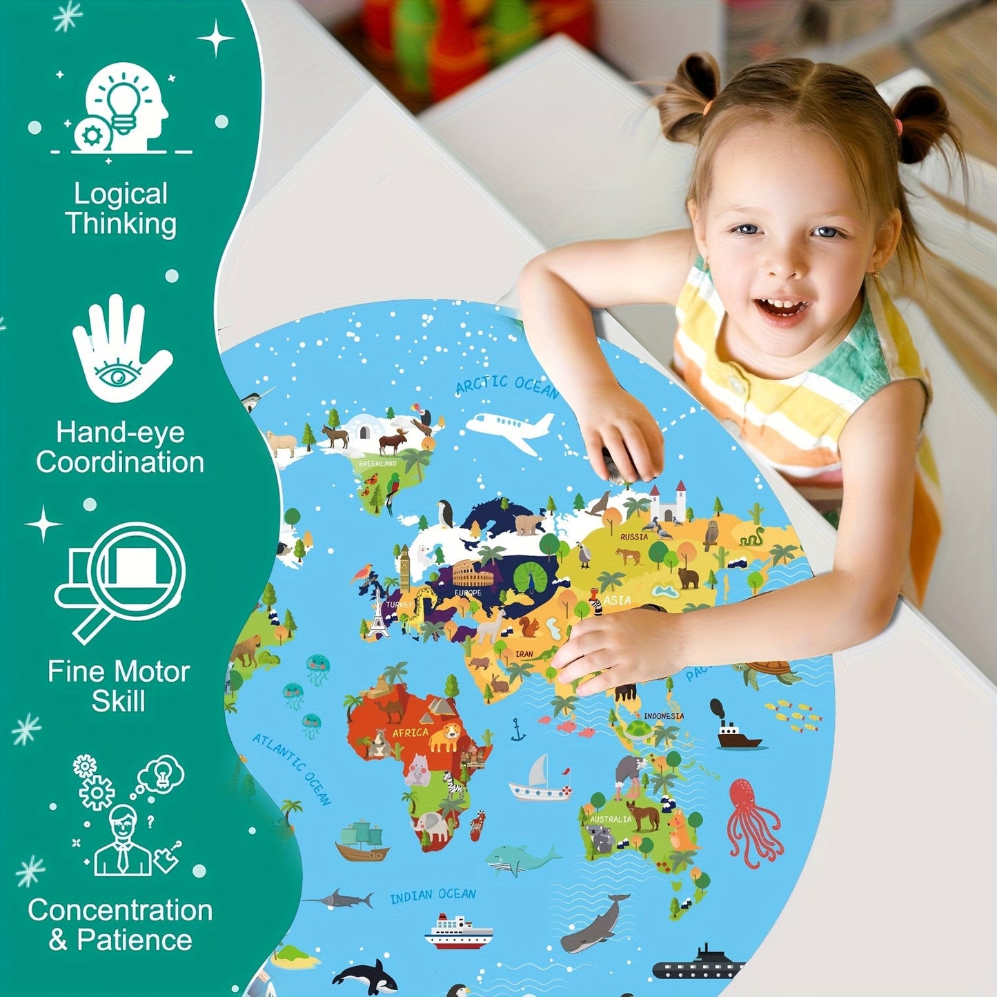 70-teiliges Tierbodenpuzzle – Rundes Weltkarten-Design für Kinder