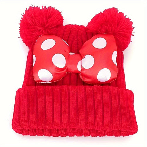 Sanne Niedlicher Minnie Hut für Kinder – Gestrickte Beanie mit Schleife und Pompons