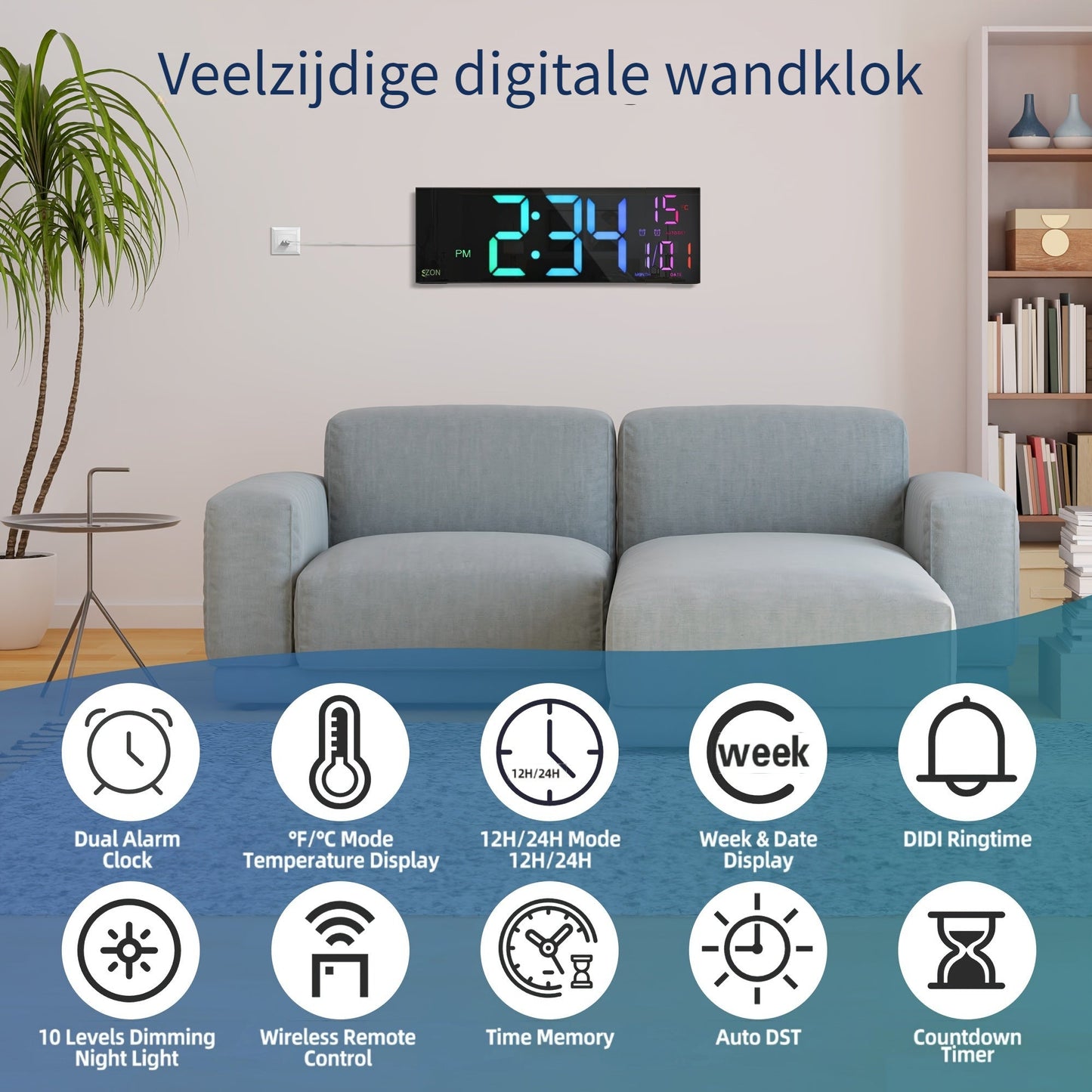 LumiWall Digitale Wanduhr – Groß, Farblich und Leicht Ablesbar