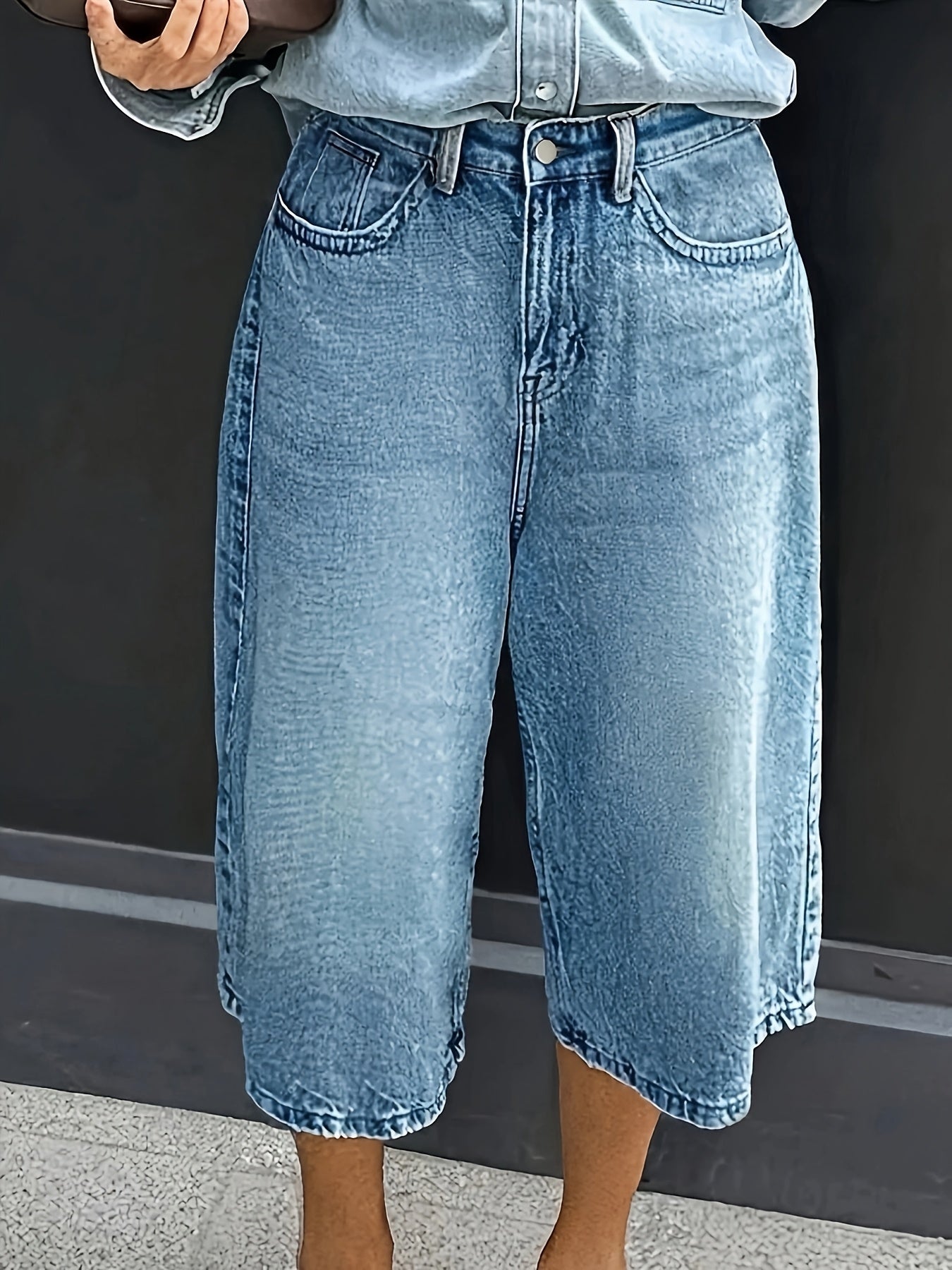 Plus Size Hochtaillierte Stretch-Denim-Shorts – Lässige Weite Sommerhose mit Taschen