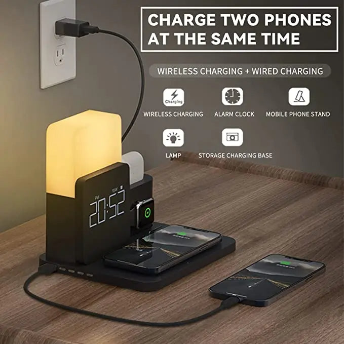 Multi-Funktions-Wireless-Ladestation – Lampe und Wecker inklusive