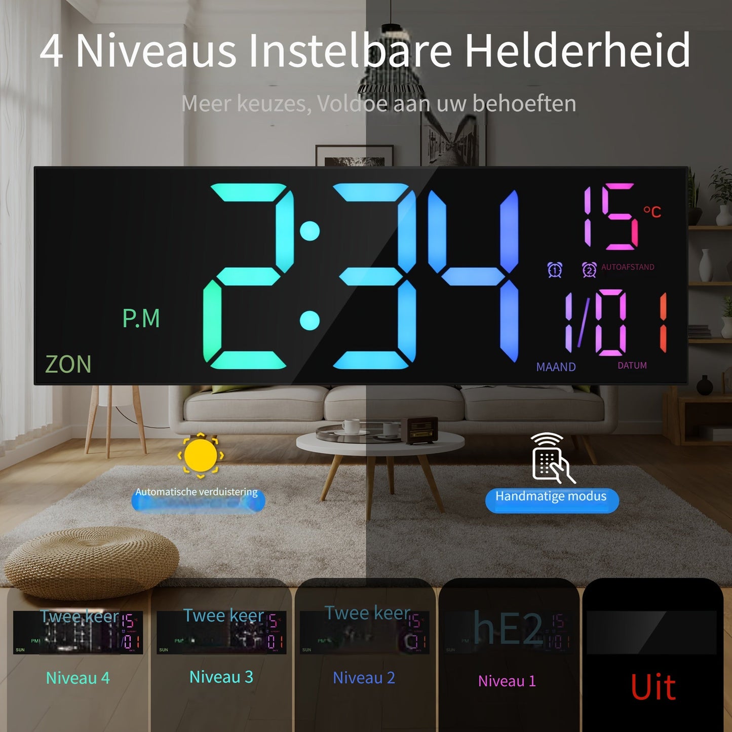 LumiWall Digitale Wanduhr – Groß, Farblich und Leicht Ablesbar