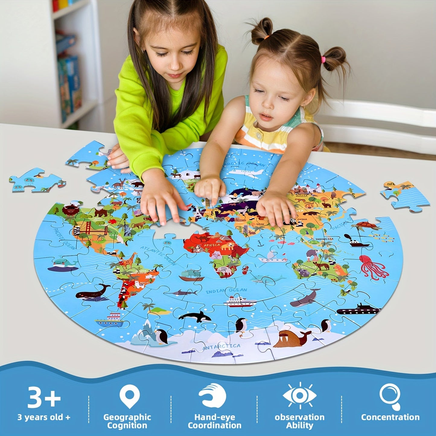 70-teiliges Tierbodenpuzzle – Rundes Weltkarten-Design für Kinder