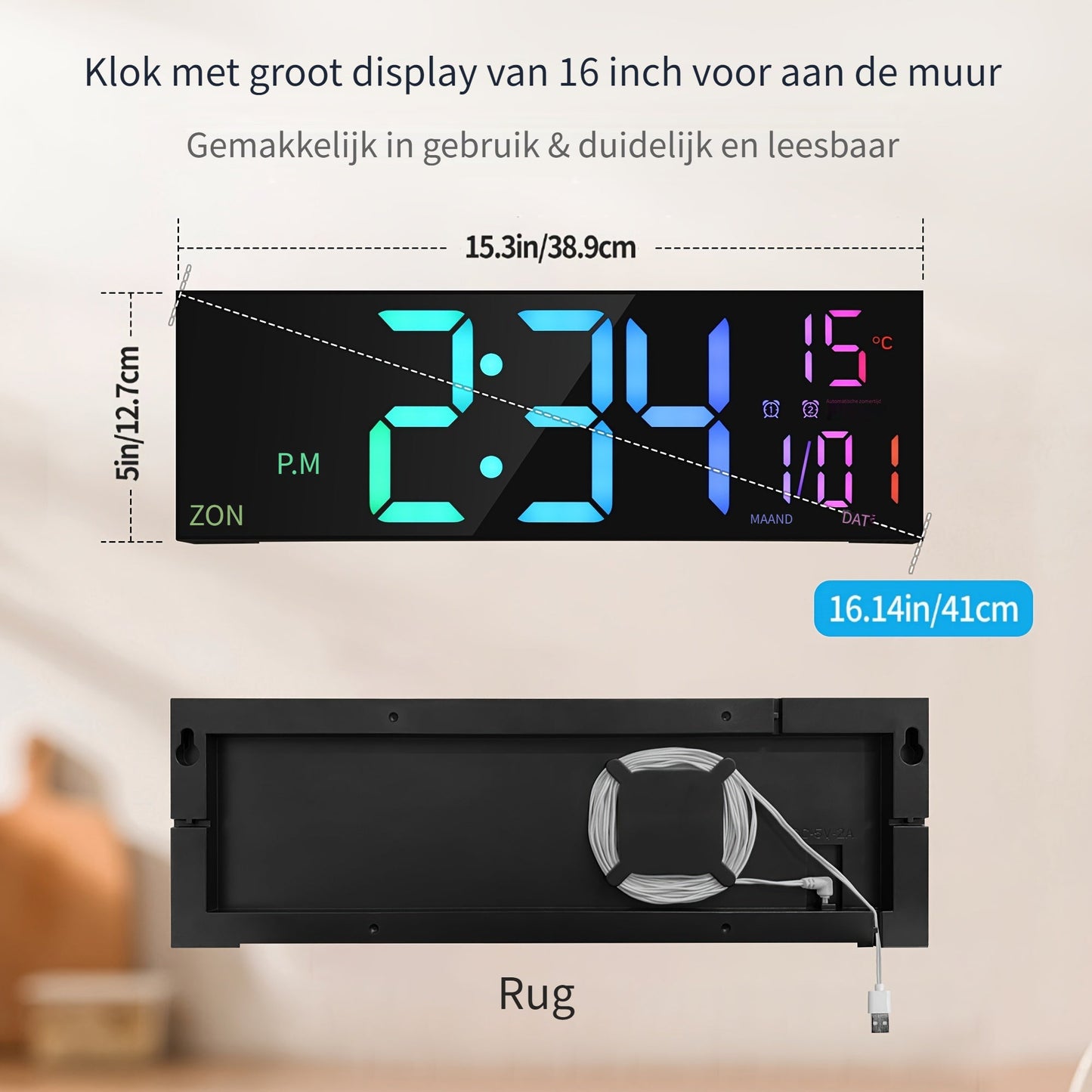 LumiWall Digitale Wanduhr – Groß, Farblich und Leicht Ablesbar