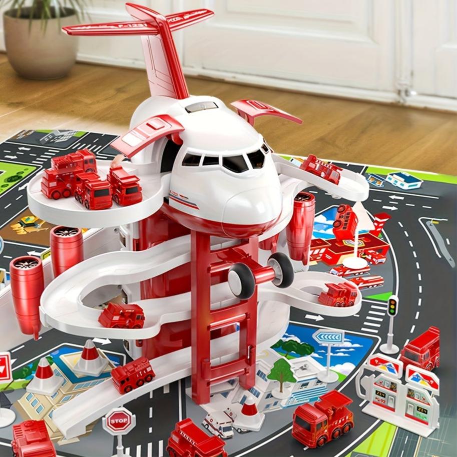 AdventureDrive Flugzeug- und Feuerwehrwagen Spielset – Rennstrecke und Garage für Kinder