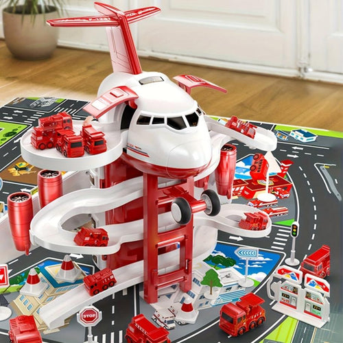 AdventureDrive Flugzeug- und Feuerwehrwagen Spielset – Rennstrecke und Garage für Kinder