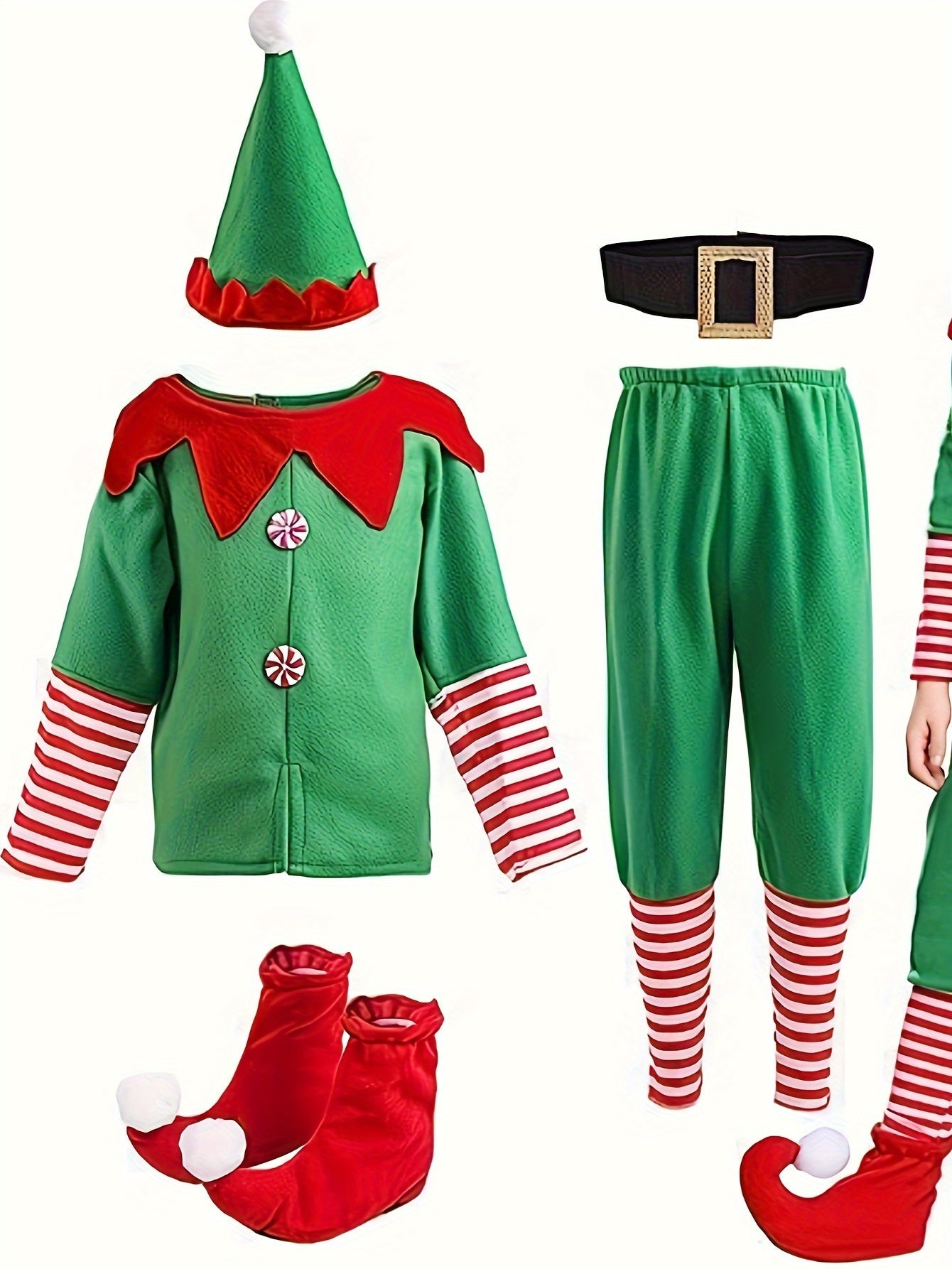 Lustiges Weihnachts-Elfen-Outfit für Kinder – Komplett mit Hut, Shirt, Hose und Schuhüberzügen