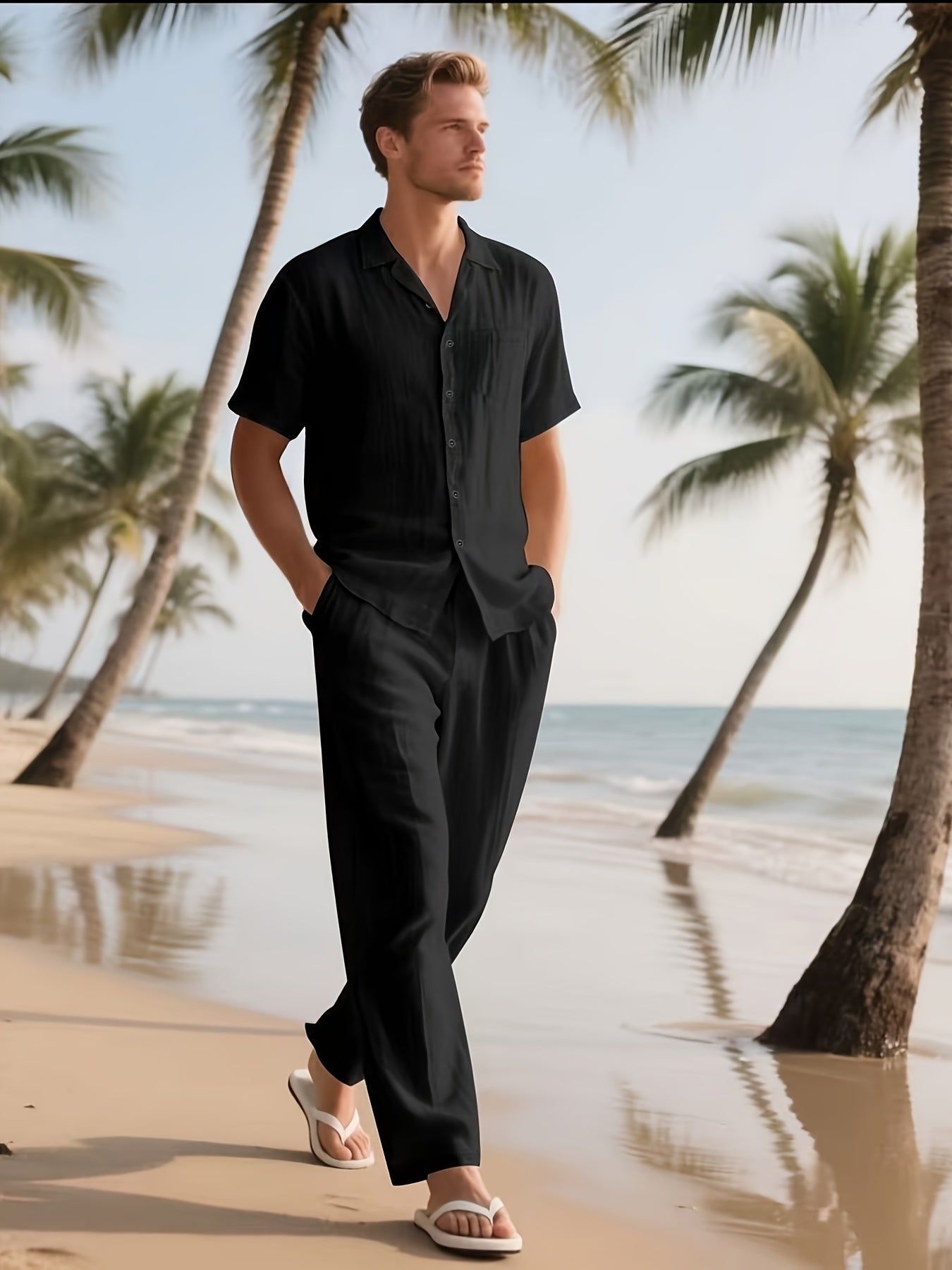 Herren Casual Leinen Set – Bequem und Luftig mit Langer Hose und Kurzen Ärmeln