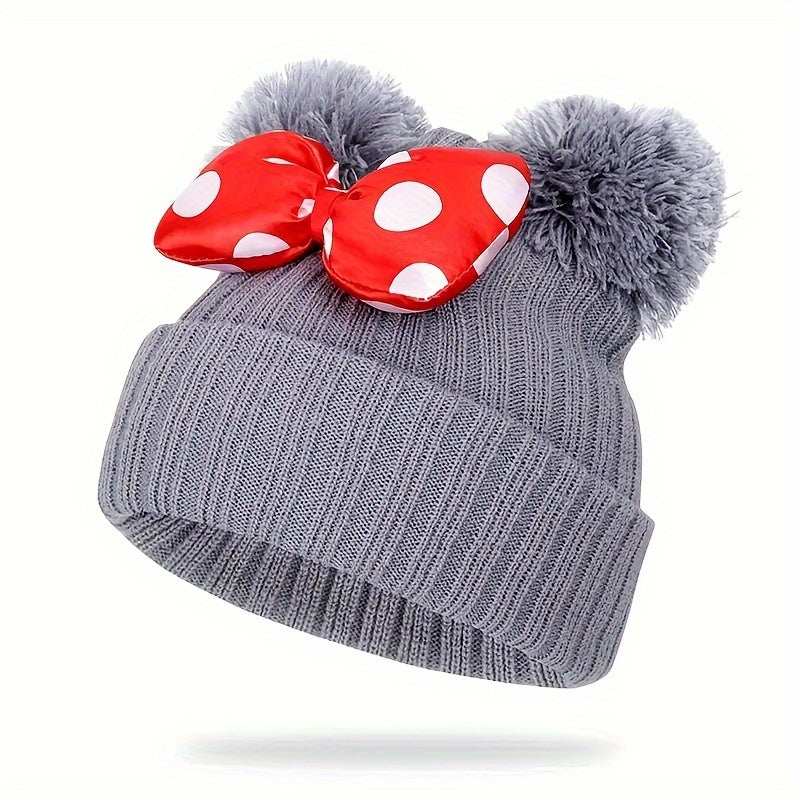 Sanne Niedlicher Minnie Hut für Kinder – Gestrickte Beanie mit Schleife und Pompons
