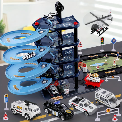 FeuerWacht Garage Spielset – Mehrere Etagen mit Feuerwehrwagen und Verkehrsschildern