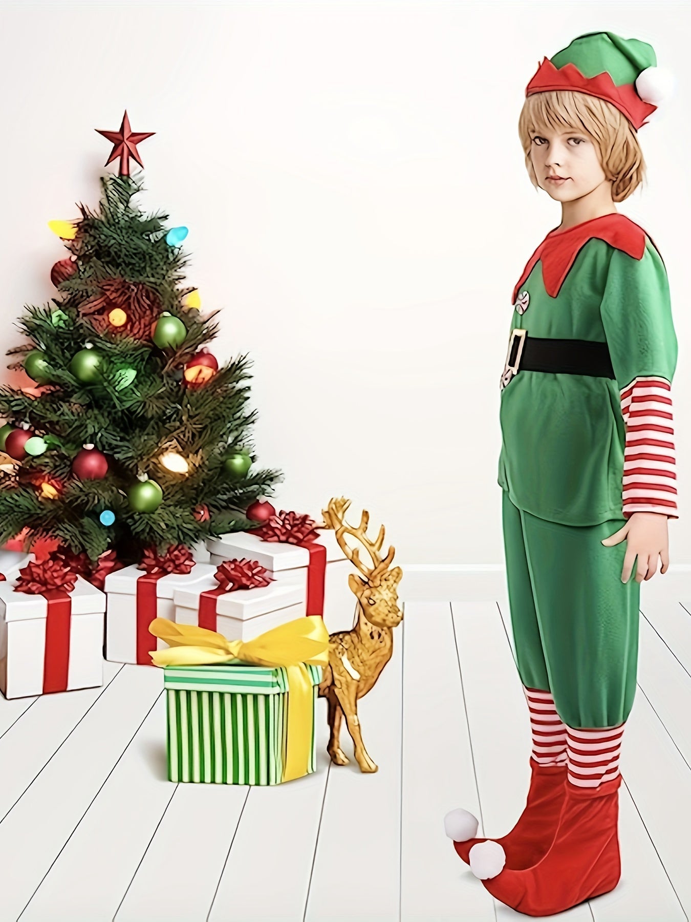 Lustiges Weihnachts-Elfen-Outfit für Kinder – Komplett mit Hut, Shirt, Hose und Schuhüberzügen