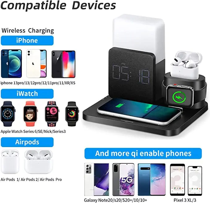 Multi-Funktions-Wireless-Ladestation – Lampe und Wecker inklusive