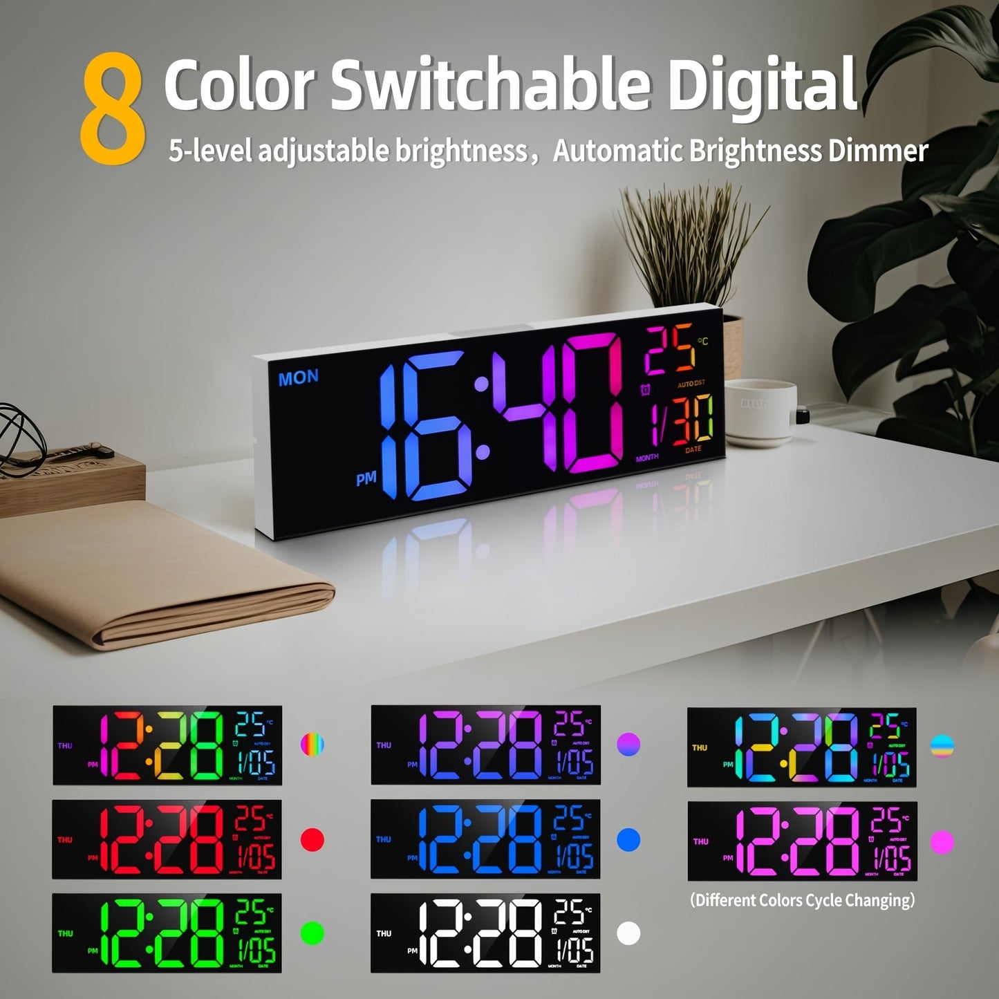 LumiWall Digitale Wanduhr – Groß, Farblich und Leicht Ablesbar