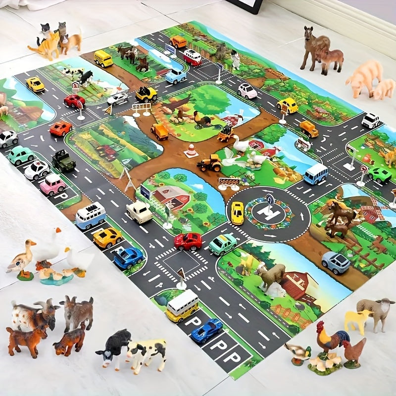 Interaktives Spielteppich-Abenteuer – Entdecke Bauernhof und Verkehr mit Spielzeug