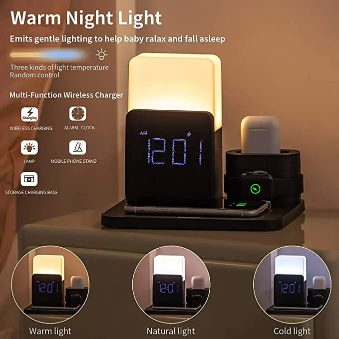 Multi-Funktions-Wireless-Ladestation – Lampe und Wecker inklusive
