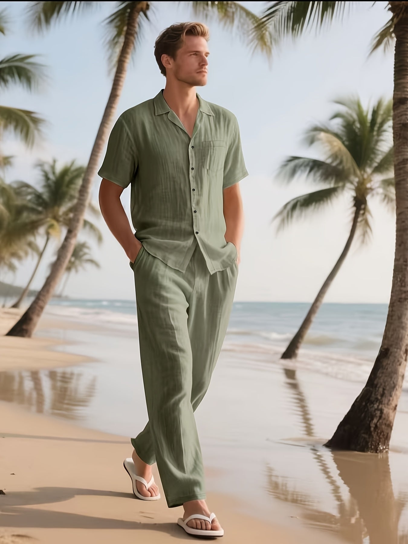 Herren Casual Leinen Set – Bequem und Luftig mit Langer Hose und Kurzen Ärmeln