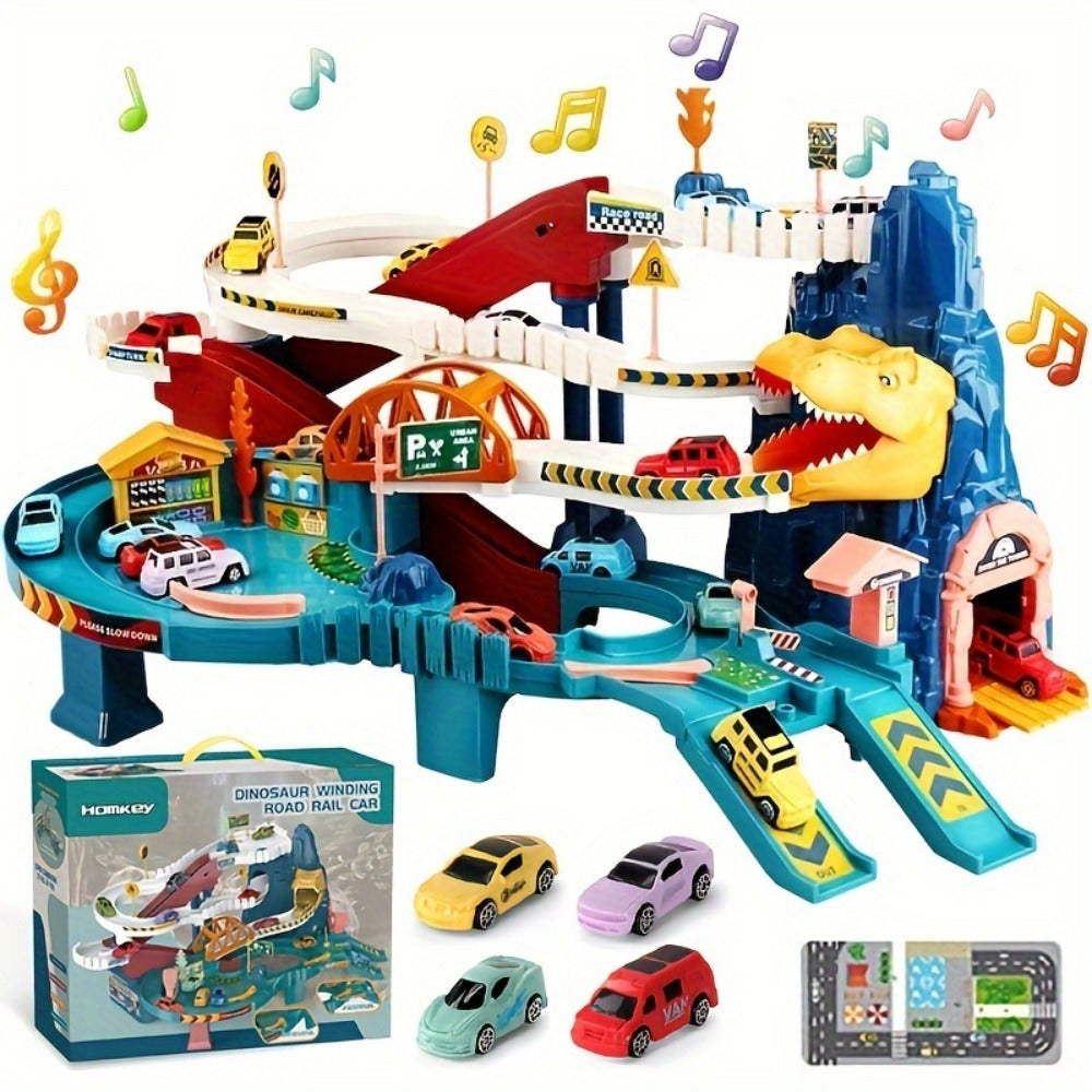 JurassicRacer Abenteuer Set - Spannende Rennbahn mit Dinosauriern und Fahrzeugen für Kinder