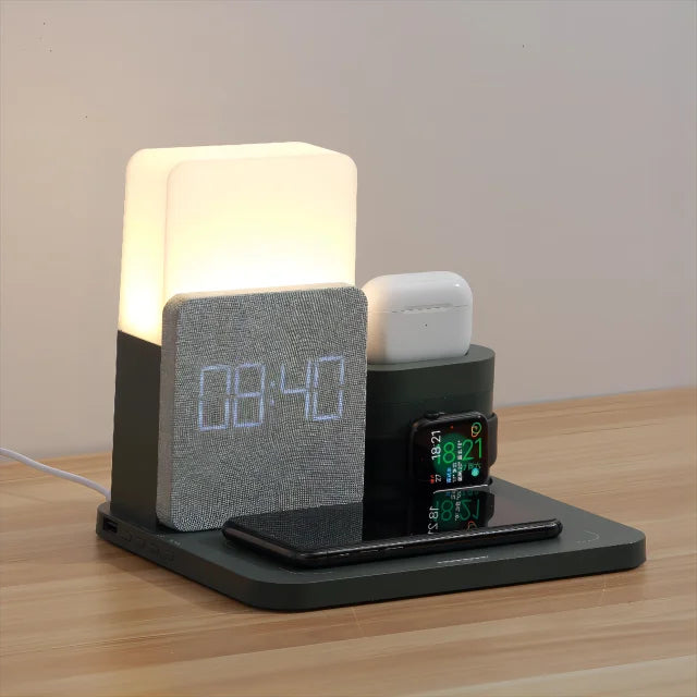 Multi-Funktions-Wireless-Ladestation – Lampe und Wecker inklusive