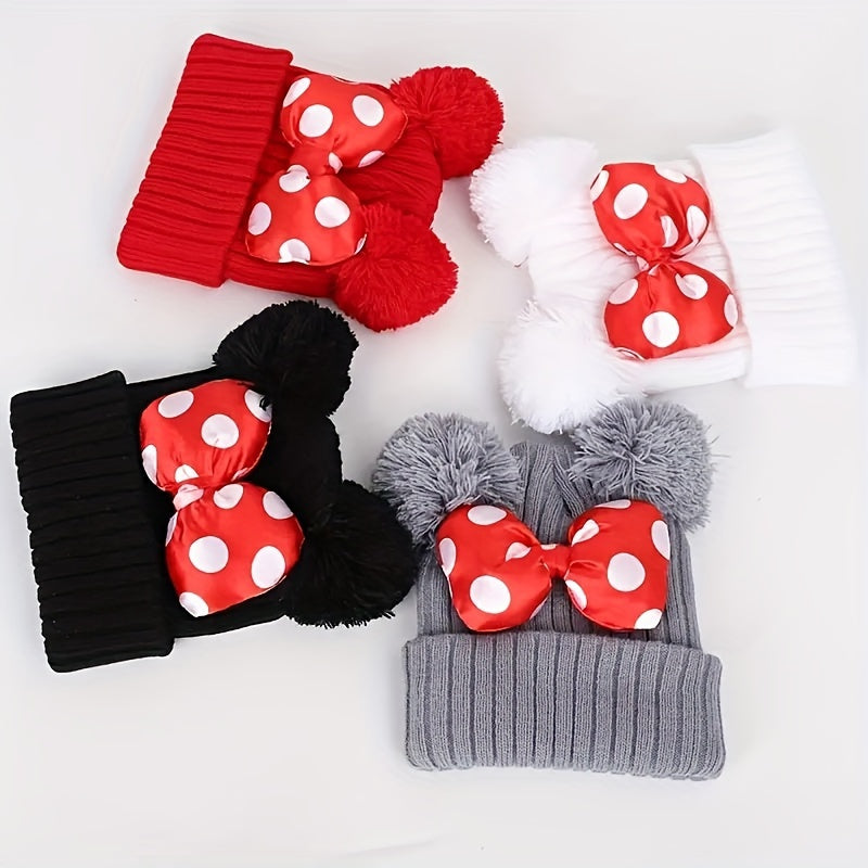 Sanne Niedlicher Minnie Hut für Kinder – Gestrickte Beanie mit Schleife und Pompons