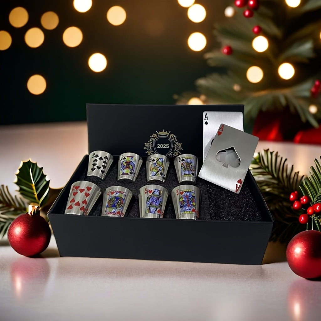 Royal Playing Card Whiskey Glass Set – Edelstahl & Flaschenöffner