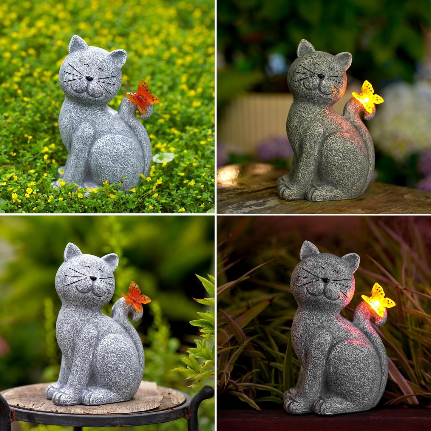 Verzauberte Katze mit Schmetterling – Stimmungsvolles Licht für deinen Garten