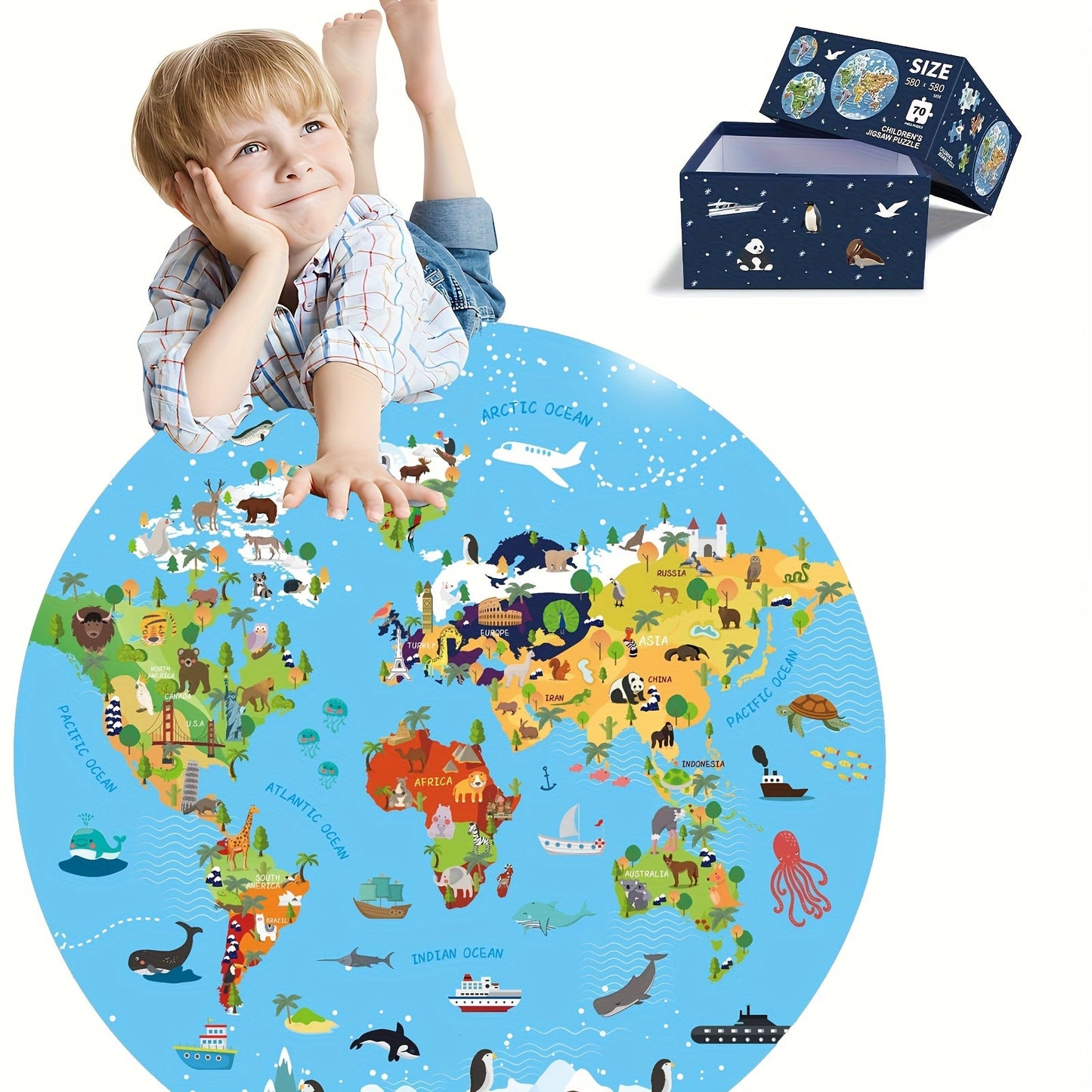 70-teiliges Tierbodenpuzzle – Rundes Weltkarten-Design für Kinder