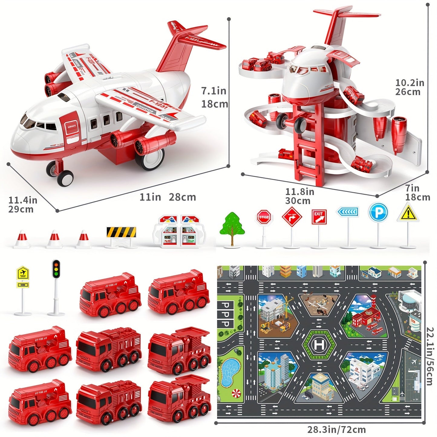 AdventureDrive Flugzeug- und Feuerwehrwagen Spielset – Rennstrecke und Garage für Kinder