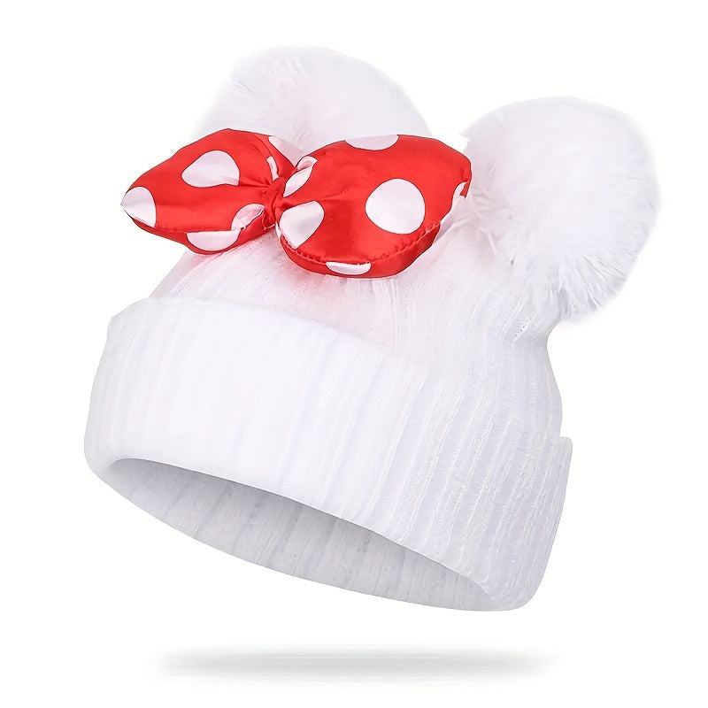 Sanne Niedlicher Minnie Hut für Kinder – Gestrickte Beanie mit Schleife und Pompons