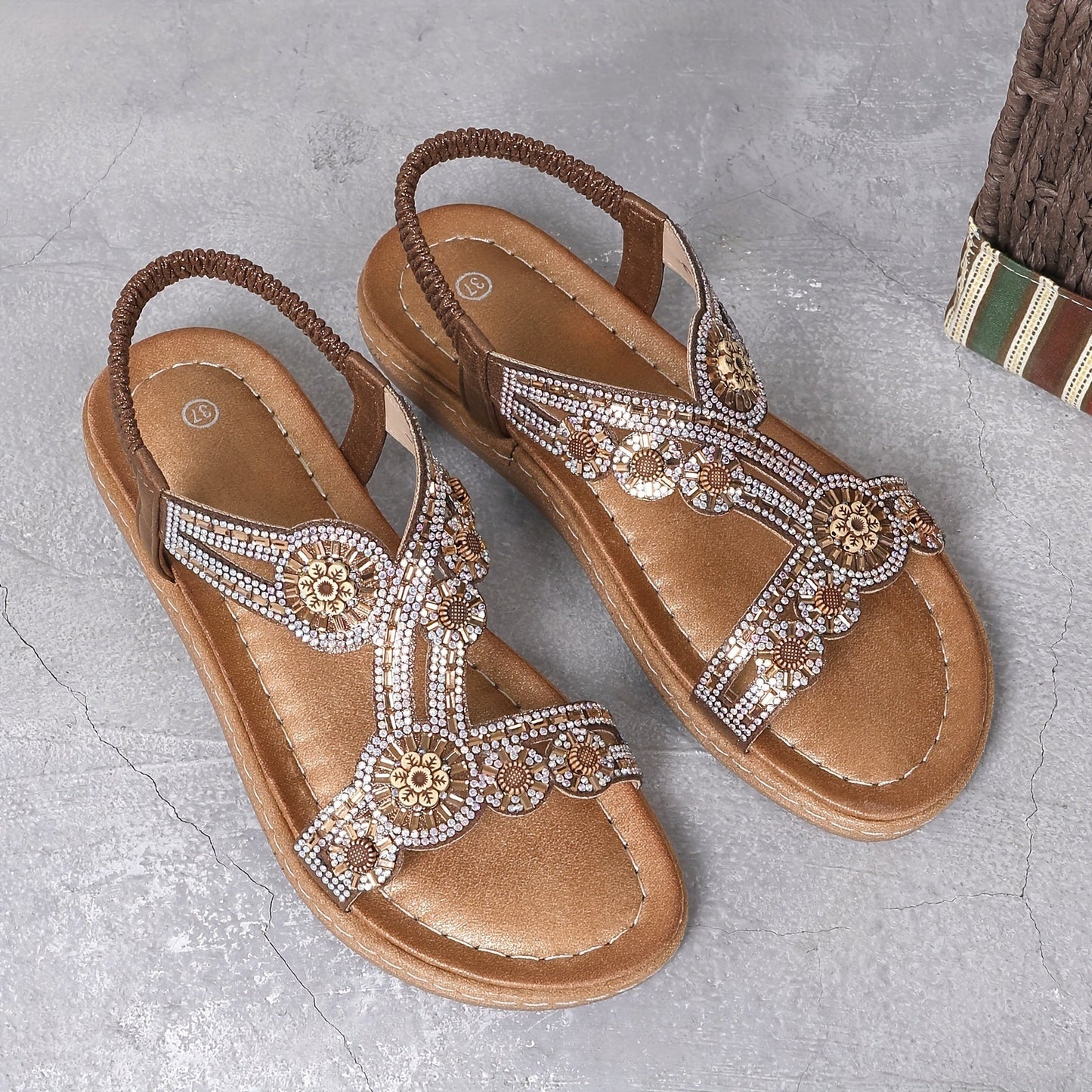 Damen Flache Sandalen mit Strasssteinen und Elastischem Band im Boho-Stil