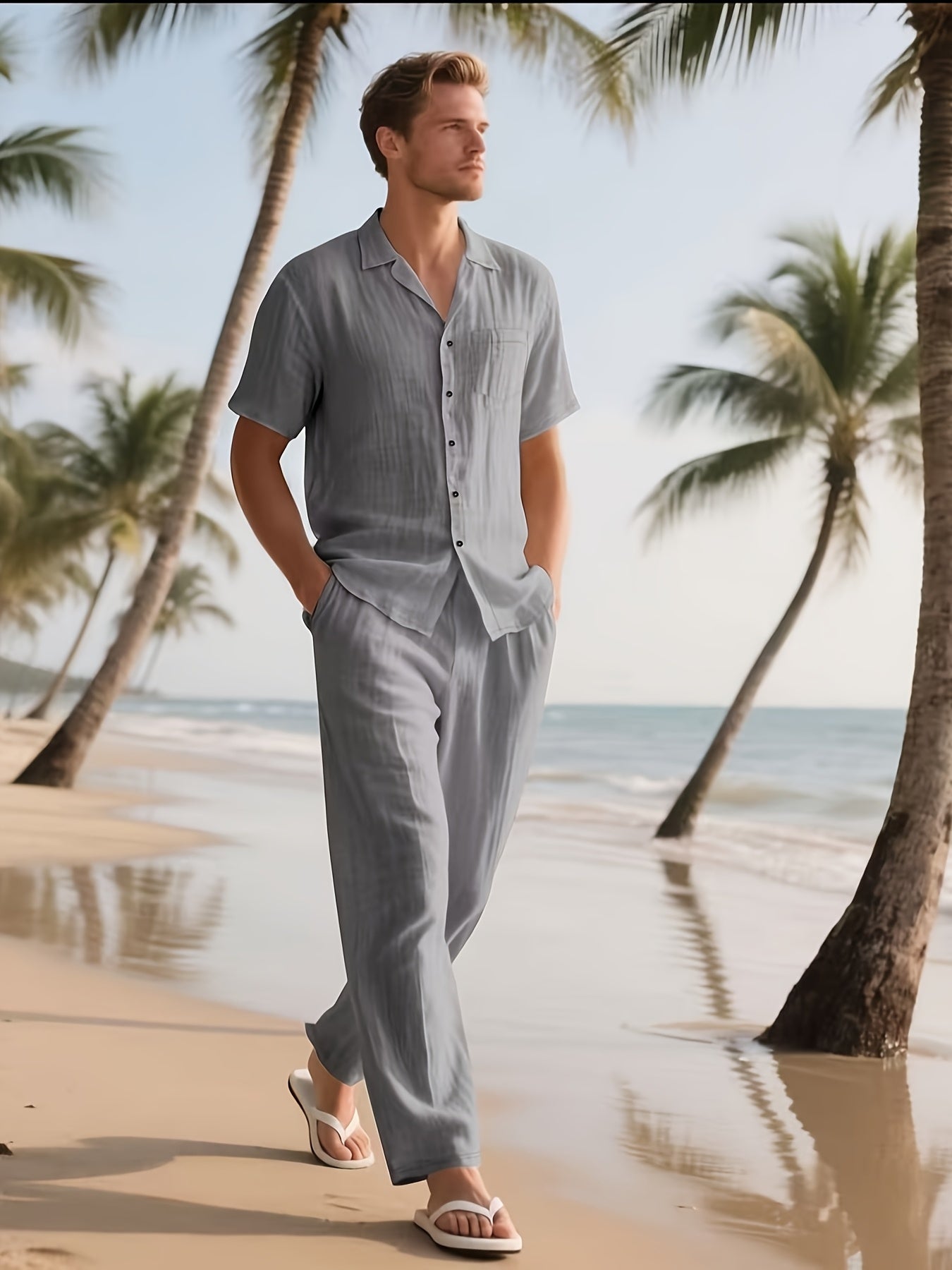 Herren Casual Leinen Set – Bequem und Luftig mit Langer Hose und Kurzen Ärmeln