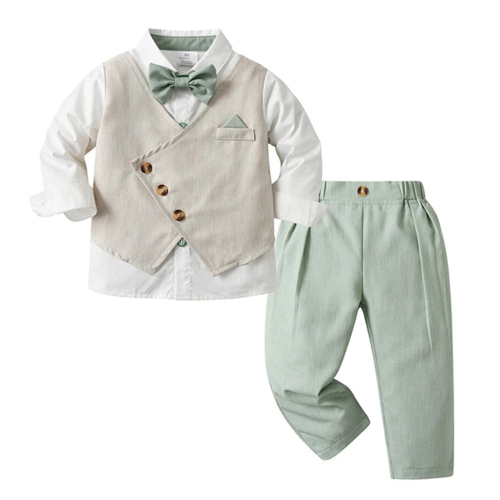 Schickes Jungenanzug 3-teilig – Blaues Hemd, Weste und Hose mit Fliege