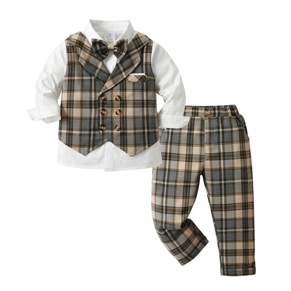 Schickes Jungenanzug 3-teilig – Blaues Hemd, Weste und Hose mit Fliege
