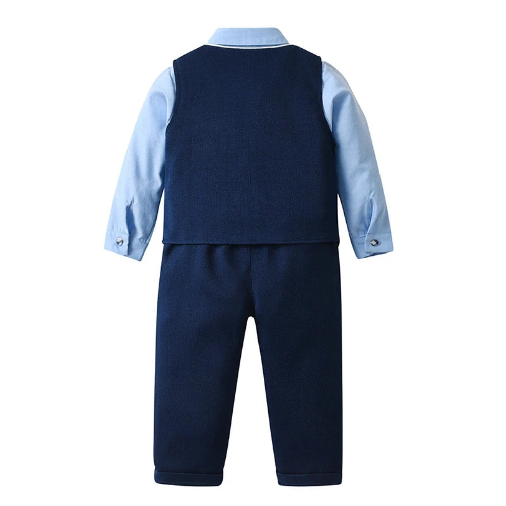Schickes Jungenanzug 3-teilig – Blaues Hemd, Weste und Hose mit Fliege