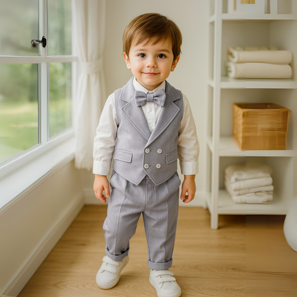 Schickes Jungenanzug 3-teilig – Blaues Hemd, Weste und Hose mit Fliege