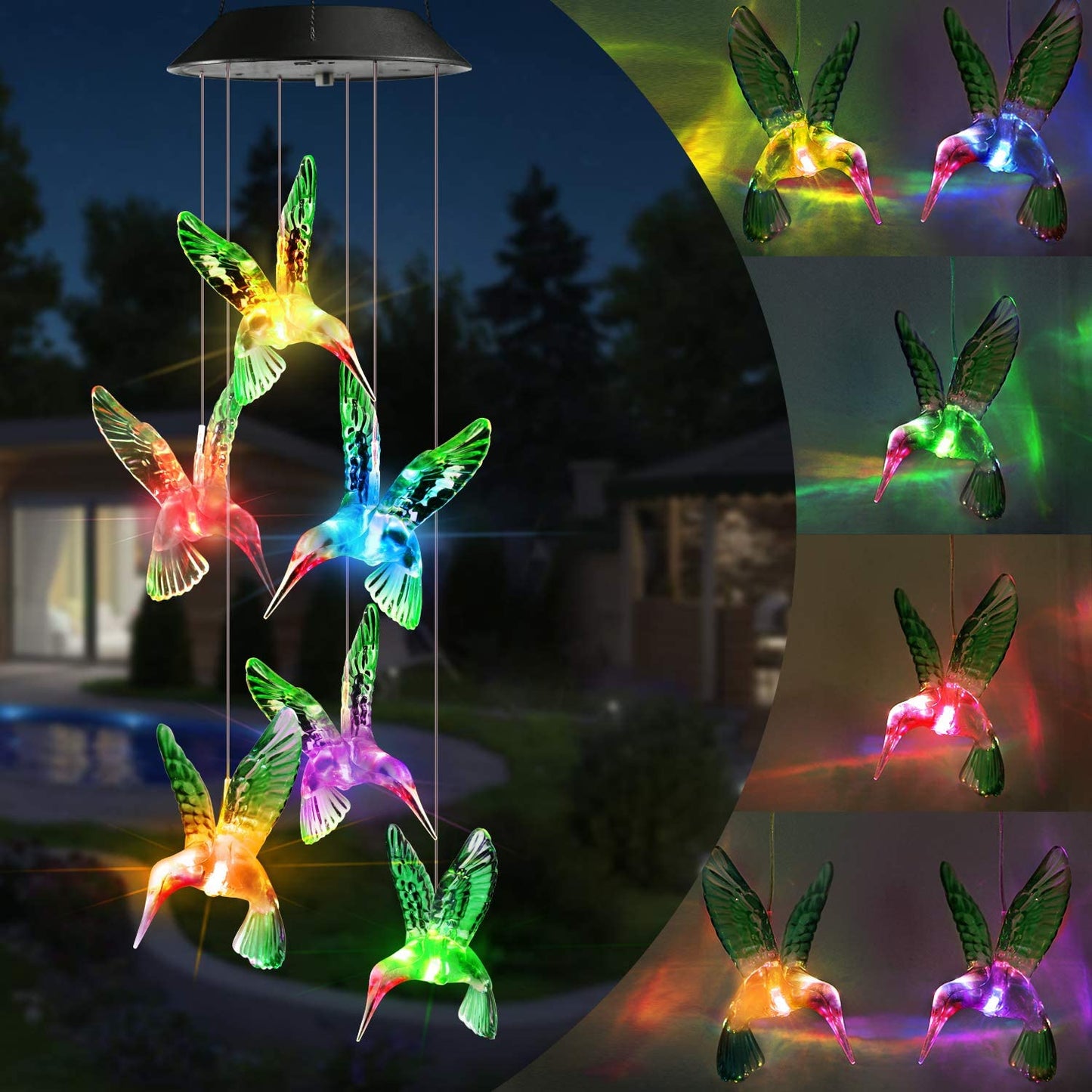 Magisches Solar-Windspiel mit Kolibri-Design