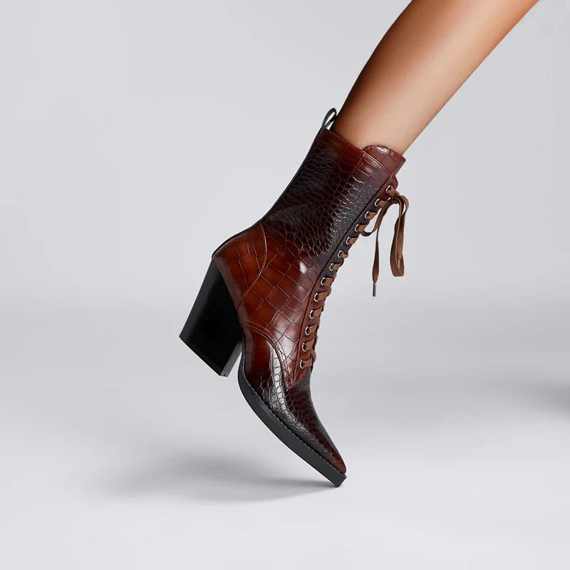 Damen Schnürstiefel mit Krokodilprägung – Western Stil mit Spitze