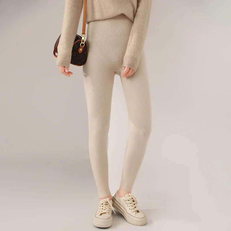 Strick-Kaschmir-Leggings mit Hoher Taille – Feinstrick Damenleggings in Neutralen Farbtönen