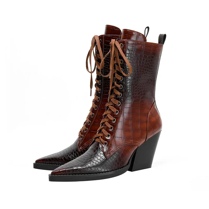 Damen Schnürstiefel mit Krokodilprägung – Western Stil mit Spitze