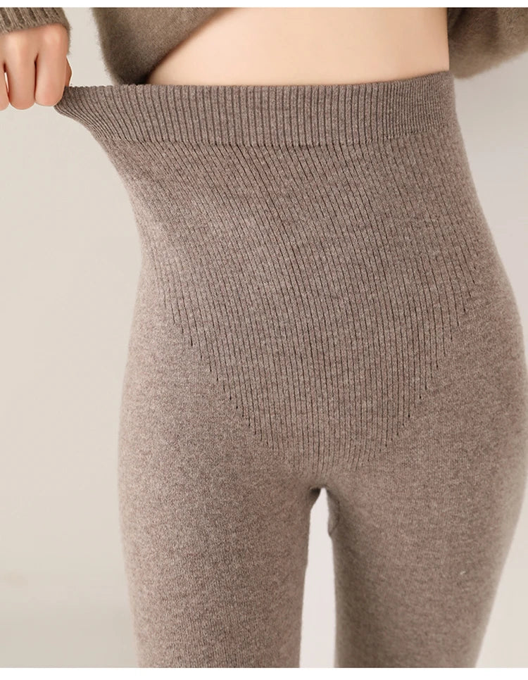 Strick-Kaschmir-Leggings mit Hoher Taille – Feinstrick Damenleggings in Neutralen Farbtönen