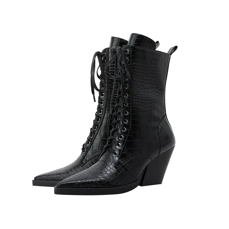 Damen Schnürstiefel mit Krokodilprägung – Western Stil mit Spitze