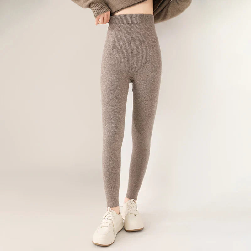 Strick-Kaschmir-Leggings mit Hoher Taille – Feinstrick Damenleggings in Neutralen Farbtönen
