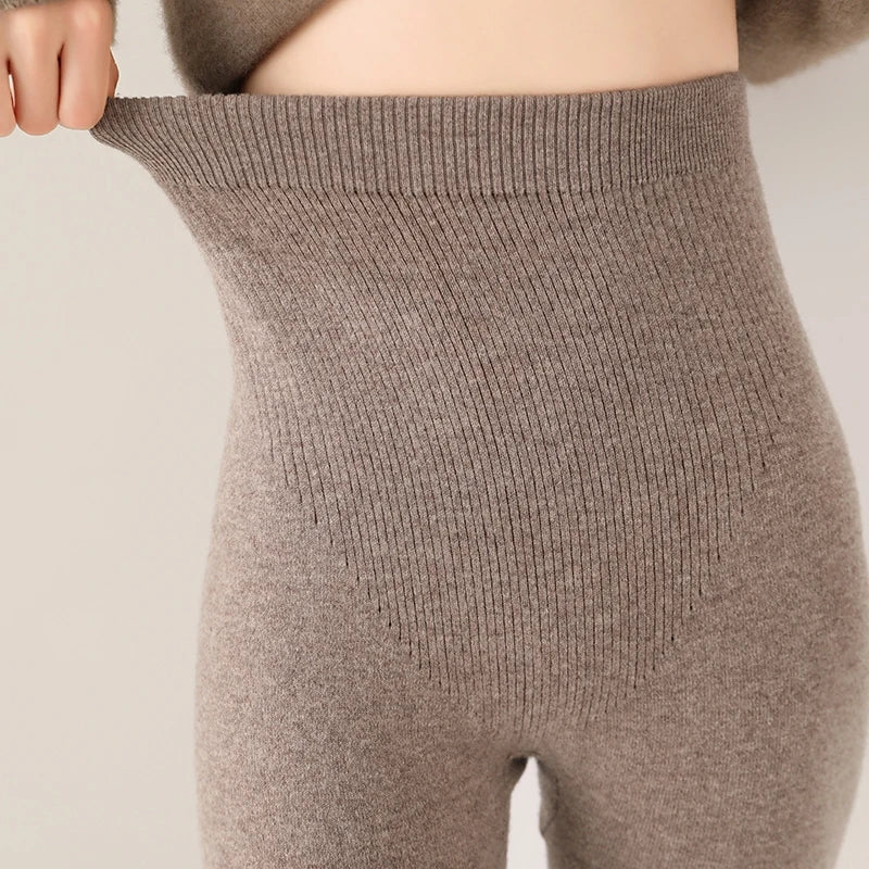 Strick-Kaschmir-Leggings mit Hoher Taille – Feinstrick Damenleggings in Neutralen Farbtönen