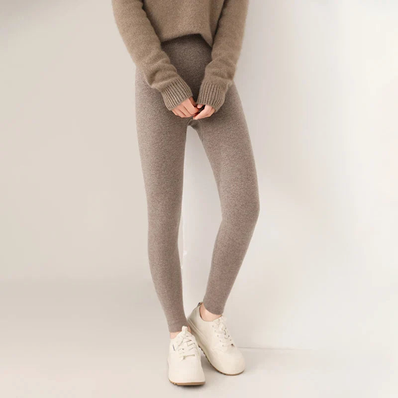 Strick-Kaschmir-Leggings mit Hoher Taille – Feinstrick Damenleggings in Neutralen Farbtönen