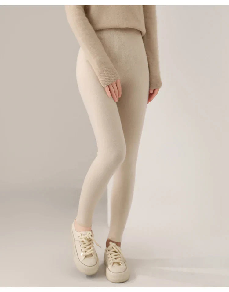 Strick-Kaschmir-Leggings mit Hoher Taille – Feinstrick Damenleggings in Neutralen Farbtönen