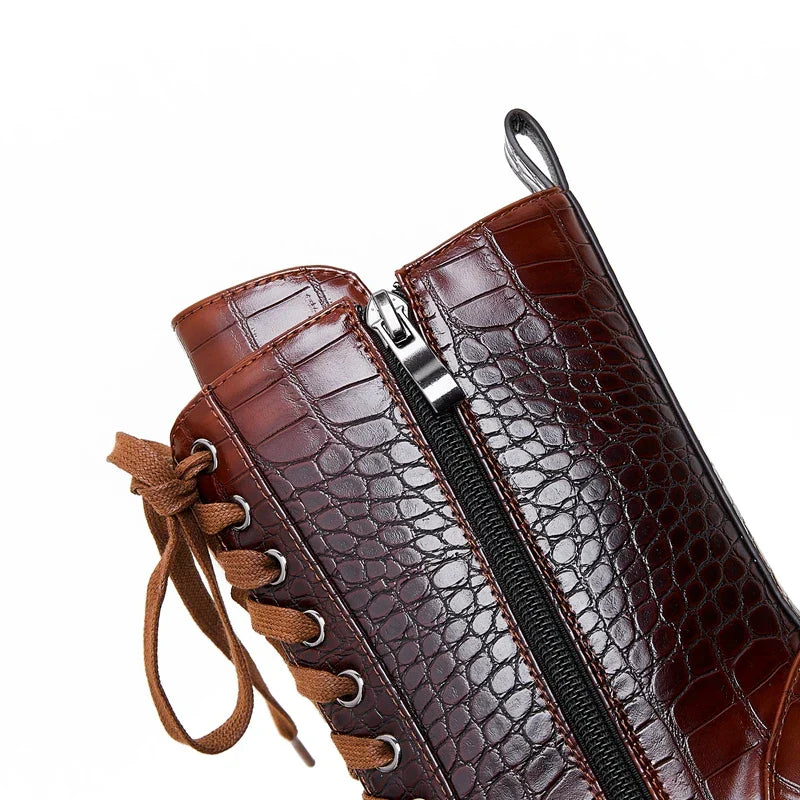 Damen Schnürstiefel mit Krokodilprägung – Western Stil mit Spitze