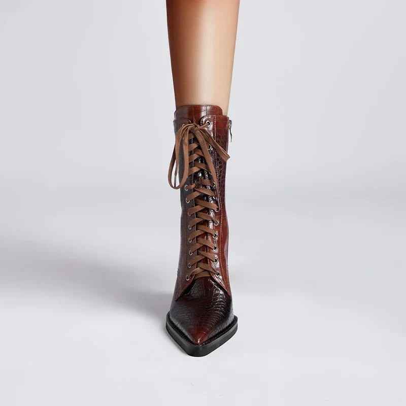 Damen Schnürstiefel mit Krokodilprägung – Western Stil mit Spitze